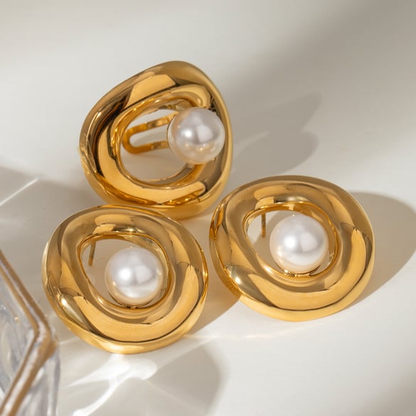1 Pair Simple Series Retro Geometric Stainless Steel 18K Gold Plated Artificial Pearl Women Earrings set
