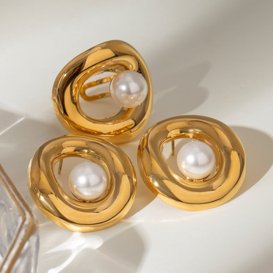 1 Paar Ohrringe im Retro-Stil der Simple Series aus Edelstahl mit 18 Karat vergoldeter Kunstperle für Damen Bild3