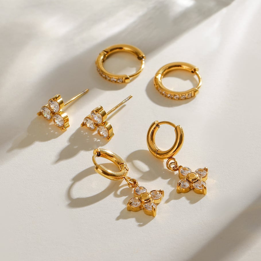 1 Paar Simple Series Klassisches geometrisches Edelstahl-Ohrring-Set mit 18 Karat vergoldetem Zirkonia für Damen Bild5