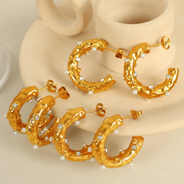 1 Pair Luxurious Series Retro Geometric Stainless Steel 18K Gold Plated Rhinestone Women Hoop Earrings 2