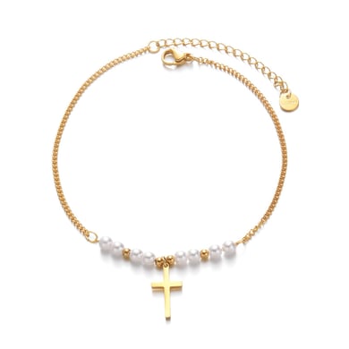 1 par de tobilleras clásicas de acero inoxidable con perla artificial chapada en oro de 14 quilates para mujer. h5 Imagen5