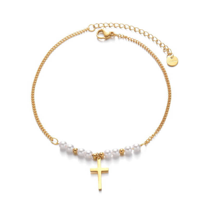 1 par de tobilleras clásicas de acero inoxidable con perla artificial chapada en oro de 14 quilates para mujer. Imagen5
