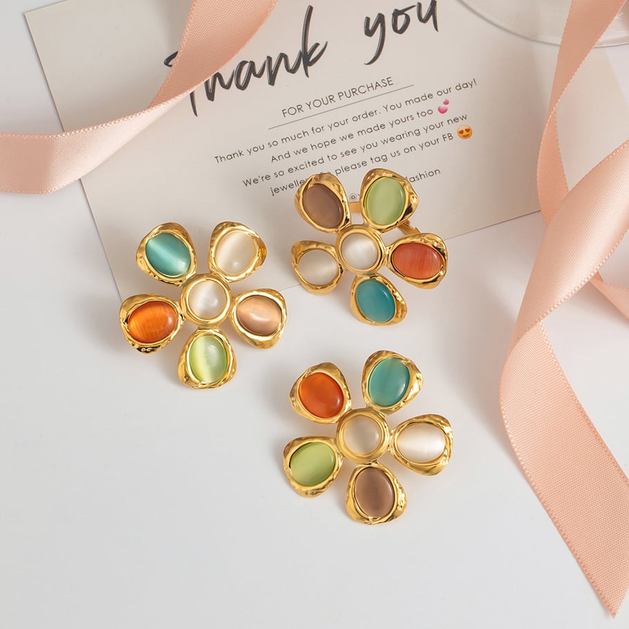 1 Pair Romantic Series Vacation Flower Stainless Steel Gold Color Natural Cat-eye Stone Women's Stud Earrings Picture4