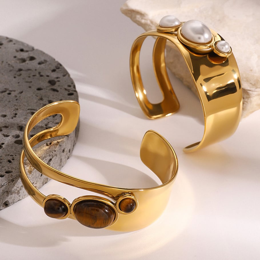 1 Piece Simple Series Elegant pearl Stainless Steel 18K Gold Plated Artificial Pearl Women Bangles Picture4
