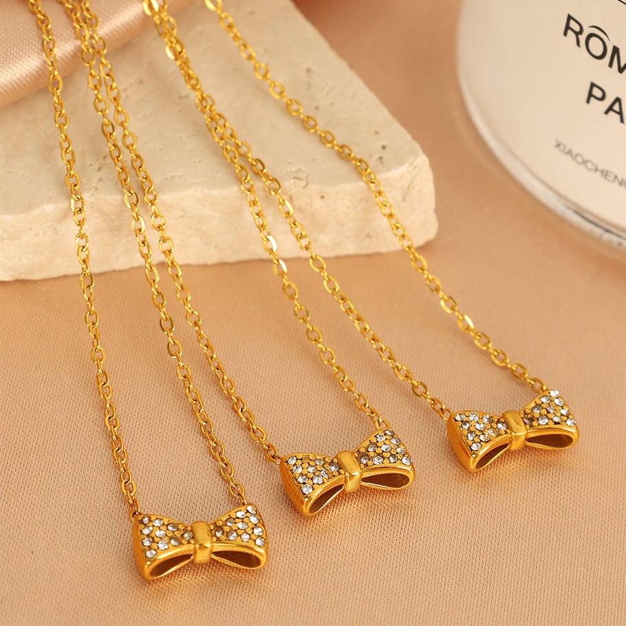 1 Piece Simple Series Sweet Bow Knot Stainless Steel 18K Gold Plated Rhinestone Women Pendant Necklaces Picture3