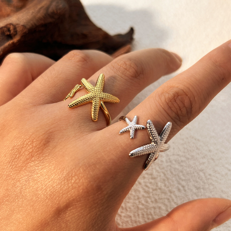 1 Piece Cute Starfish Stainless Steel Gold Color Women's Adjustable Rings Picture4