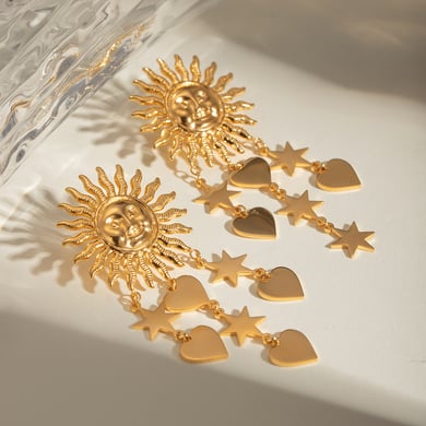 1 Pair Luxurious Retro Style Sun Shape Stainless Steel 18K Gold Plated Women's Drop Earrings h5 Picture3