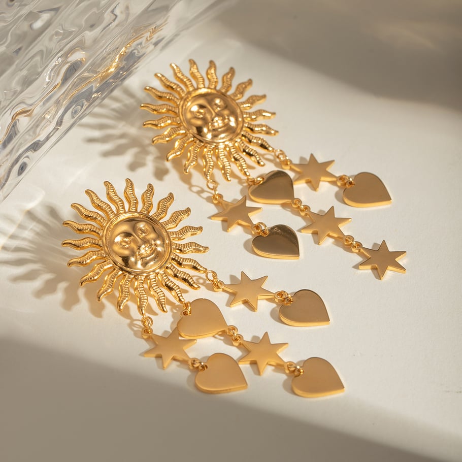1 Pair Luxurious Retro Style Sun Shape Stainless Steel 18K Gold Plated Women's Drop Earrings Picture3