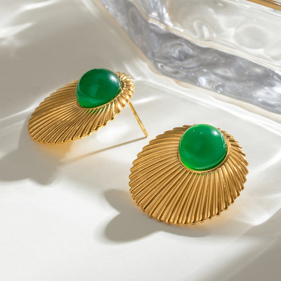 1 Pair Luxurious Series Classic Vintage Annular Stainless Steel Gold Color Natural Stone Women's Stud Earrings Picture3