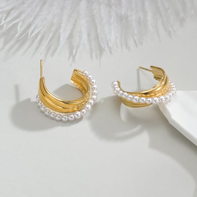 1 paire de boucles d&#39;oreilles créoles pour femme, série classique, en acier inoxydable plaqué or 18 carats, avec perles artificielles h5 Image4