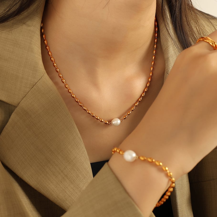 1 Stück Simple Series Retro Beads Edelstahl 18 Karat vergoldet Kunstperle Damen Perlenarmbänder Bild5