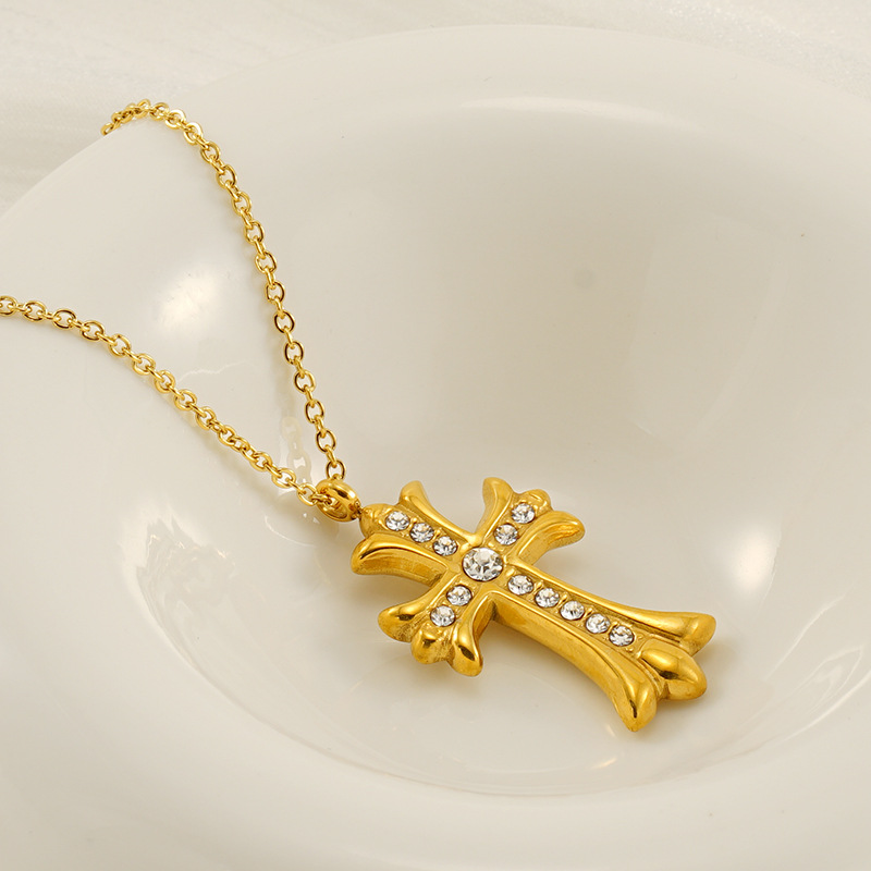 Collier avec pendentif croix simple en acier titane plaqué or et strass pour femme, série simple, 1 pièce Image8