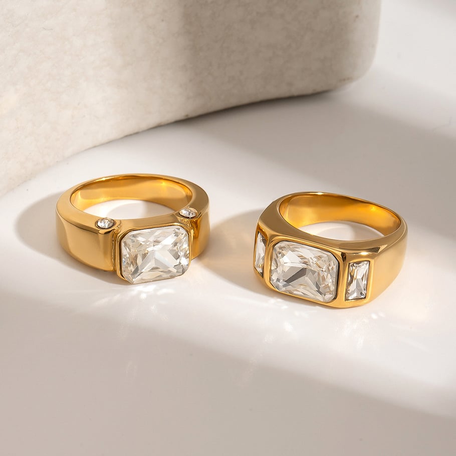 1 Paar Simple Series Klassischer geometrischer Edelstahl 18 Karat vergoldeter Zirkon Damen-Einzelring Bild4