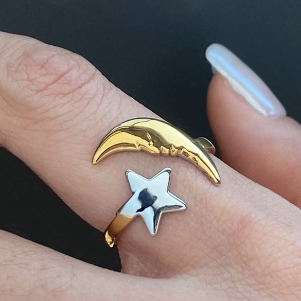1 Piece Gold and Silver Colorblocking Stainless Steel Star & Moon Women's Adjustable Rings