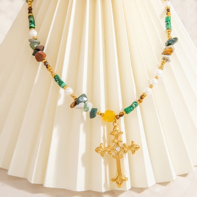 1 Piece Intricate Series Retro Cross Stainless Steel Gold Color Natural Stone Women's Beaded Necklaces h5 Picture4