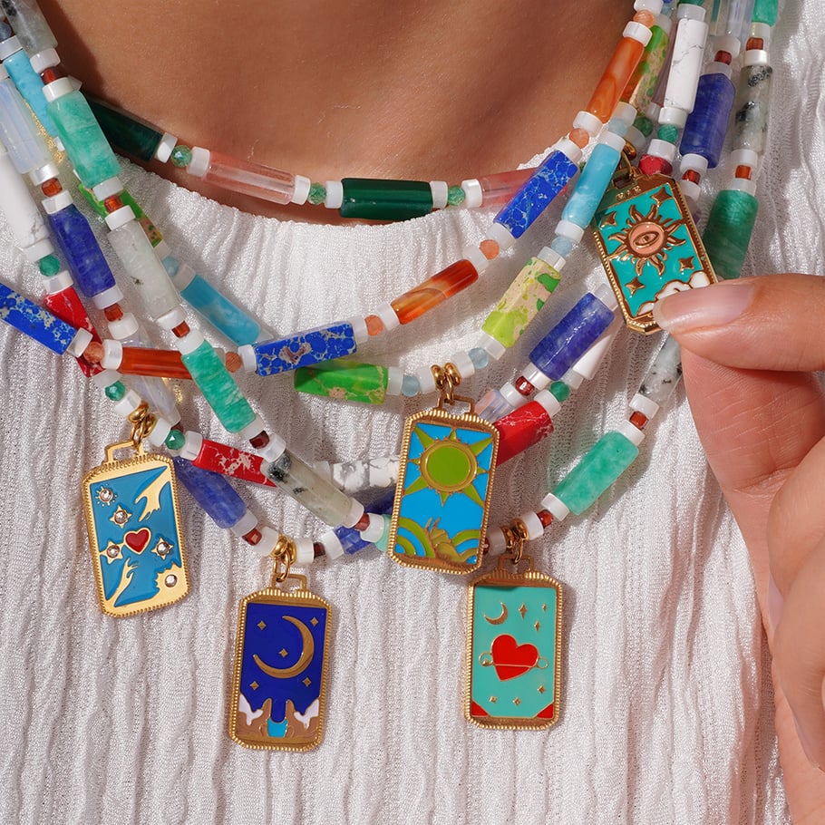 1 Piece Ethnic Series Bohemian Moon Tarot Stainless Steel Gold Color Natural Stone Women's Pendant Necklaces Picture6