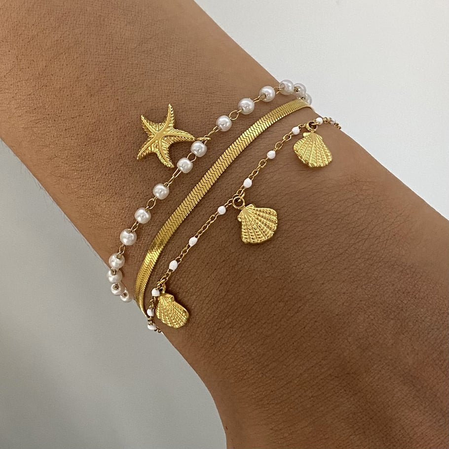Braccialetti con ciondolo da donna in perle artificiali color oro, serie semplice, design originale a forma di tartaruga, in acciaio inossidabile Immagine7