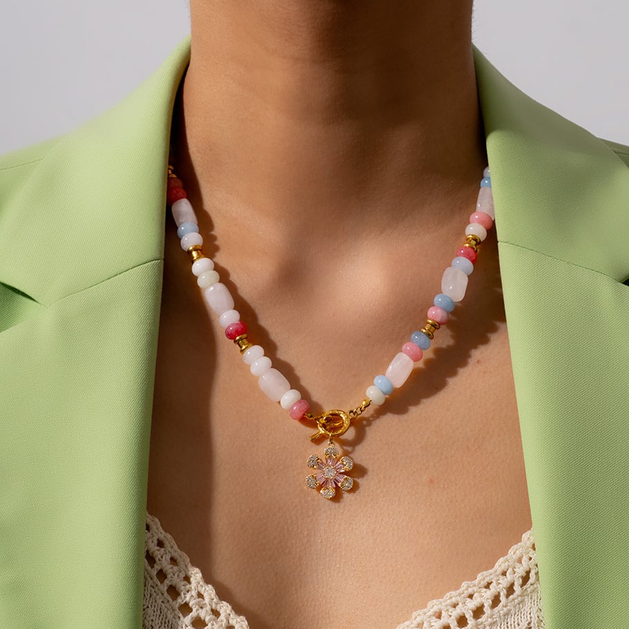 Exquisite Flower Stainless Steel Gold Color Natural Stone Women's Beaded Necklaces Picture5