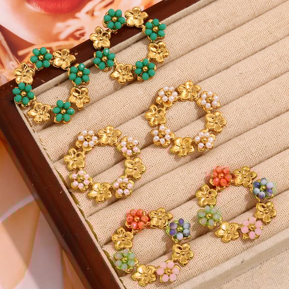 Boucles d&#39;oreilles pour femme en acier inoxydable avec jolies fleurs colorées 2
