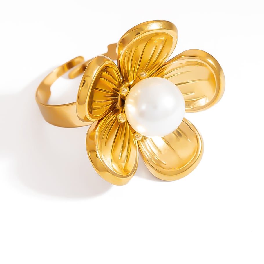 Flower Stainless Steel Gold Color Statement Ring 