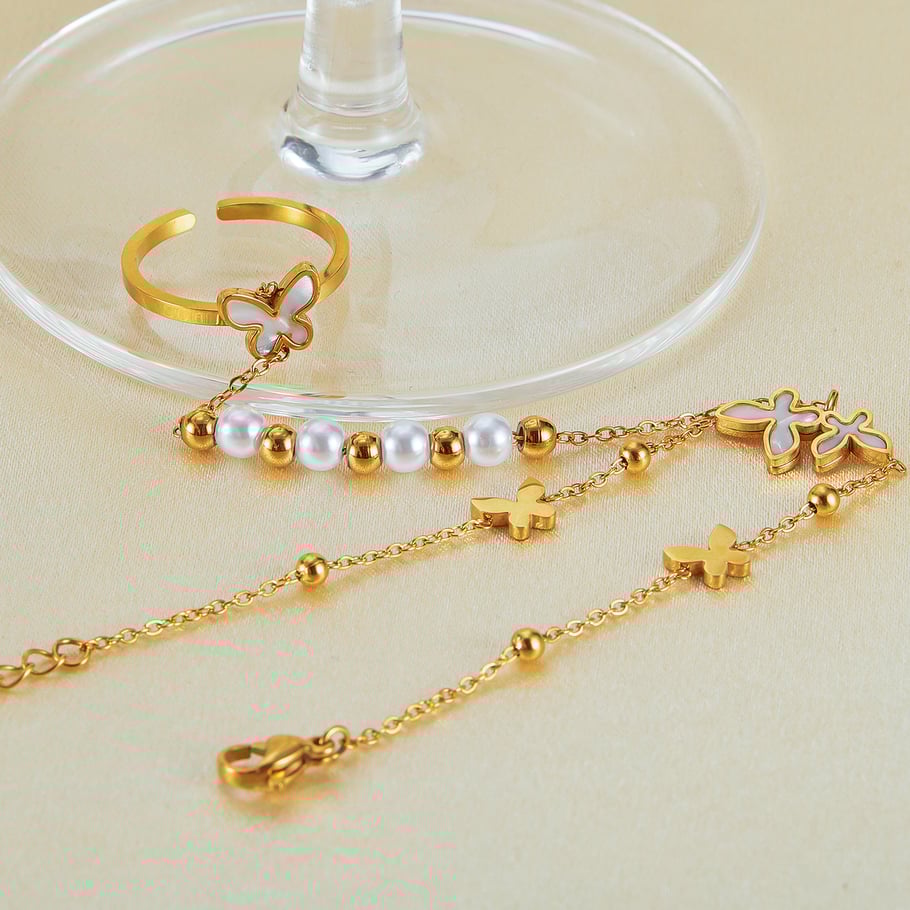 1 Piece Luxurious Series Daily Butterfly Stainless Steel Gold Color Women's Chain Bracelets With Ring Picture4