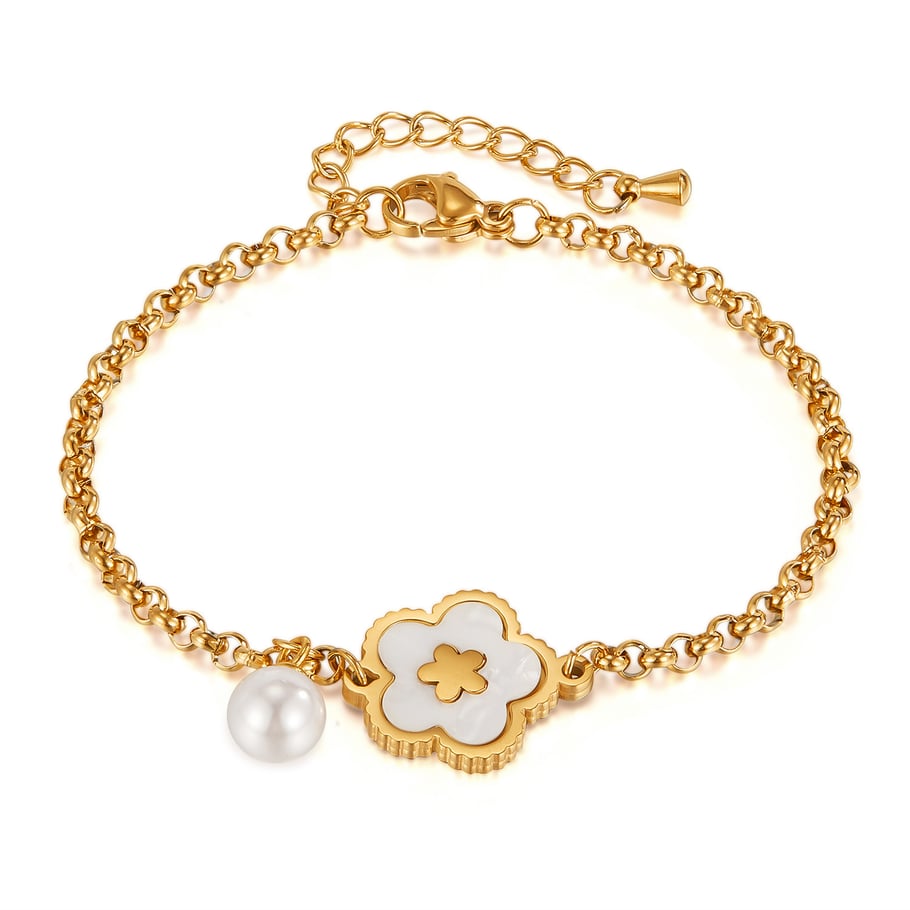 Pulseras con dijes de acero inoxidable dorado de 1 pieza con diseño de flor simple para mujer Imagen7