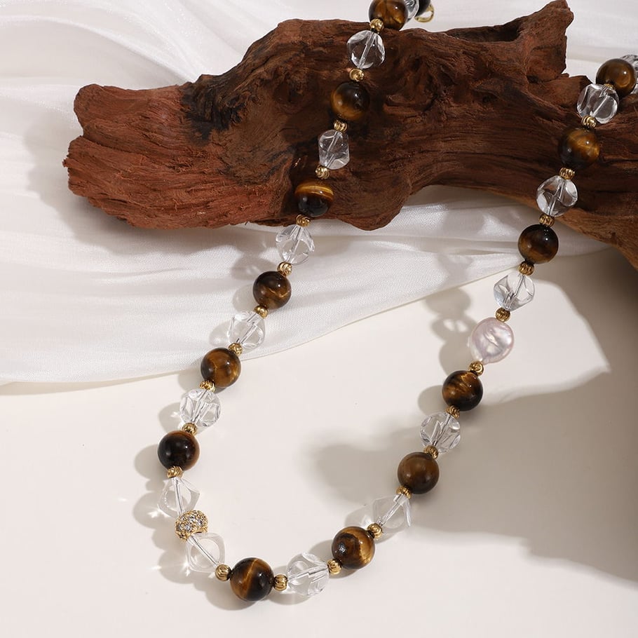 Retro Tiger's-eye Beads Stainless Steel Gold Color Natural Stone Women's Beaded Necklaces Picture3