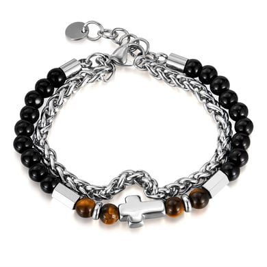 Retro Cross Tiger-eye Stone Stainless Steel Men's Beaded Bracelets h5 Picture6