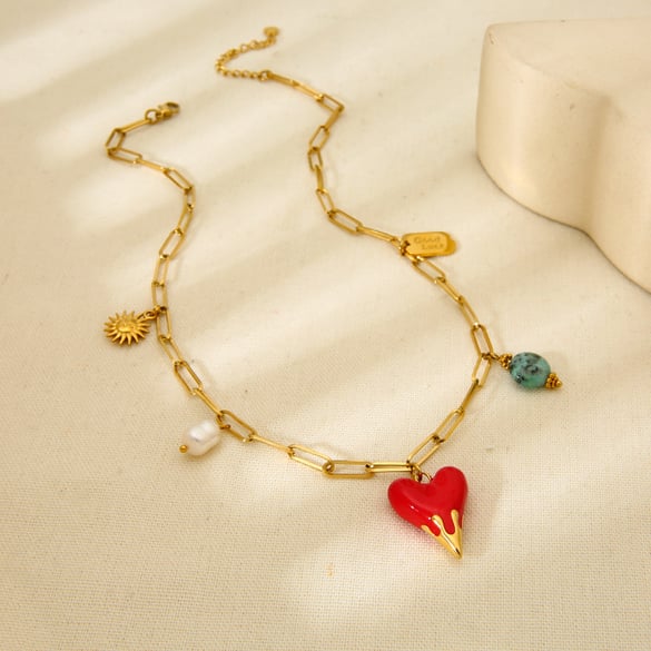 Collane con ciondolo a forma di cuore retrò in acciaio inossidabile color oro da donna 2