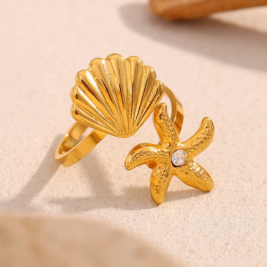 Starfish & Shell Stainless Steel Gold Color Adjustable Rings Picture3