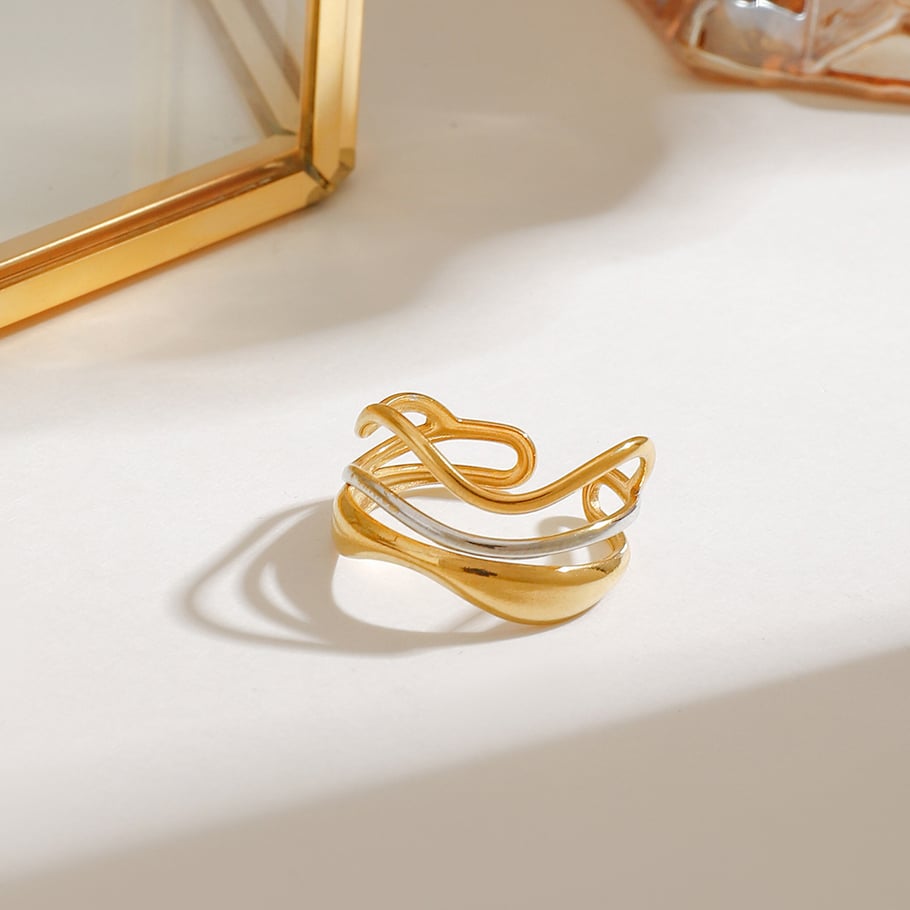 1 Piece Gold Color Stainless Steel Multi-Layered Water Ripple Shape Women's Adjustable Rings Picture5