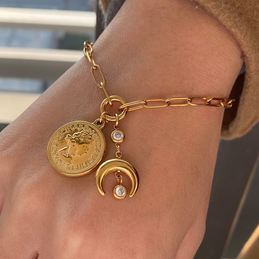 Retro Sun/Moon Stainless Steel Gold Color Women's Charm Bracelets Picture9