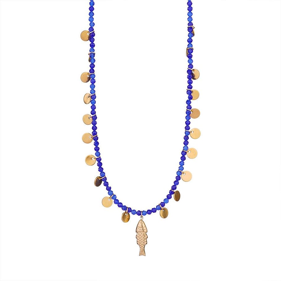 Glamorous Fish Stainless Steel Gold Color Natural Stone Women's Beaded Necklaces 