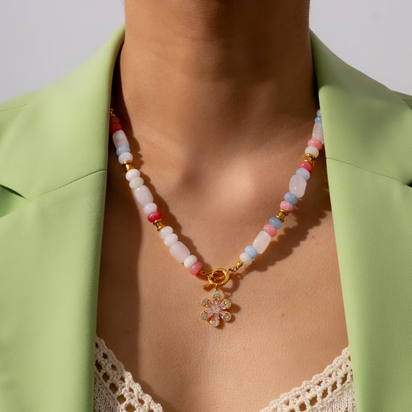 Prachtige bloemenkettingen van roestvrij staal met gouden kleur en natuurlijke stenen voor dames 2