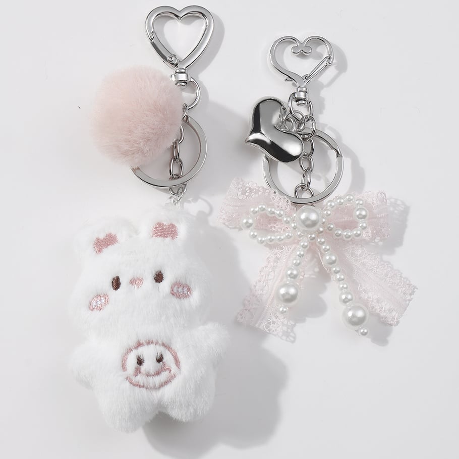 1 Piece Cute White Plush Bunny Beaded Bow Heart Bag Charms Picture3