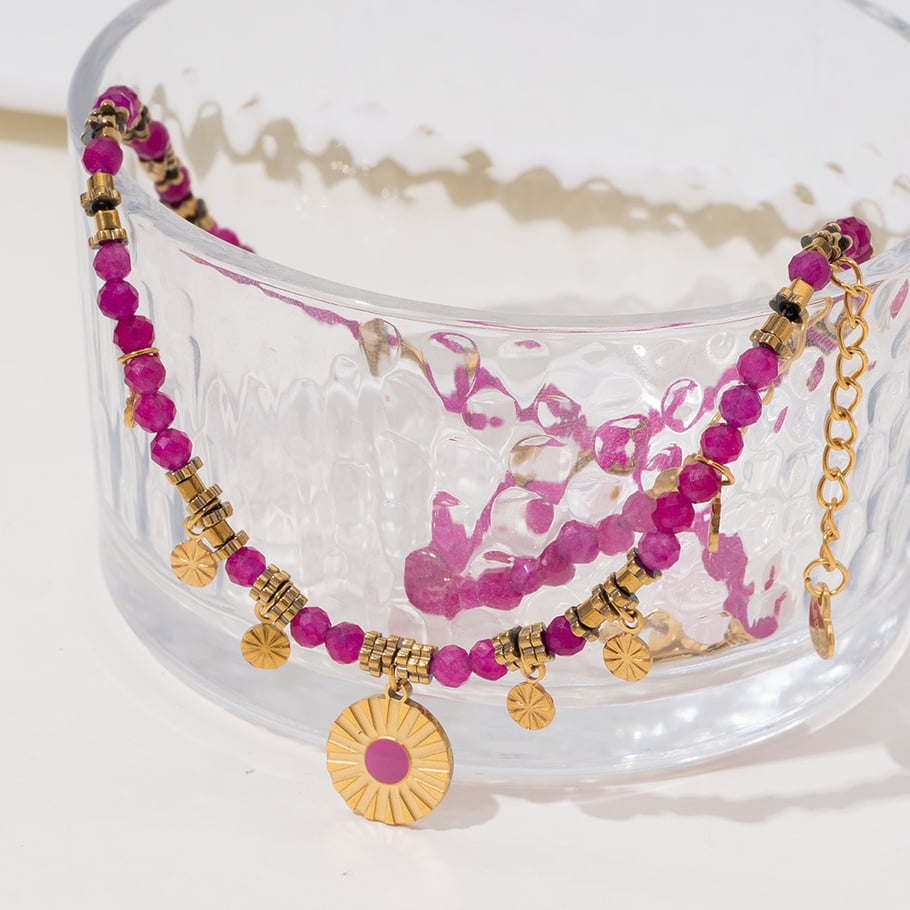 1 Piece Intricate Series Retro Circle Stainless Steel Gold Color Pink Natural Stone Women's Pendant Necklaces Picture4