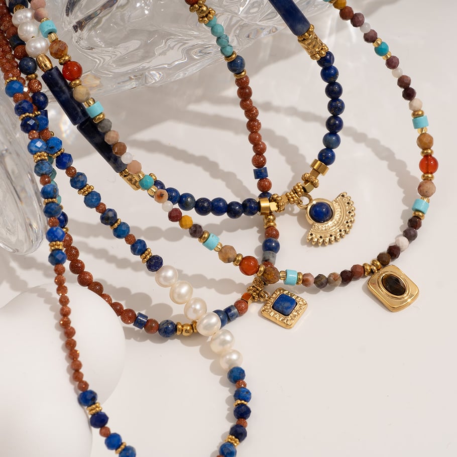 Lapis Lazuli Bohemian Delicate Stainless Steel Gold Color Women's Beaded Necklaces Picture4