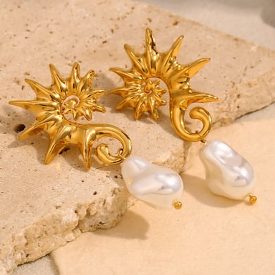1 Paar einfache Serie Retro Schildkröte Edelstahl Gold Farbe künstliche Perle Damen Tropfen Ohrringe h5 Bild5