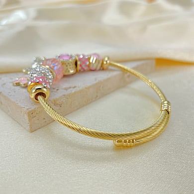 1 Piece Designable Series Cute Bow Knot Bear Beads Stainless Steel Gold Color Women's Bangles h5 Picture4