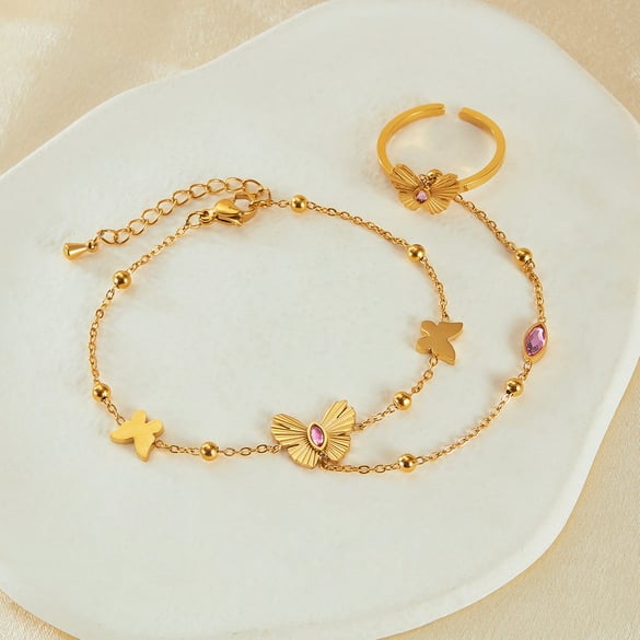 1 Piece Exquisite Series Daily Butterfly Stainless Steel Gold Color Women's Chain Bracelets With Ring 2