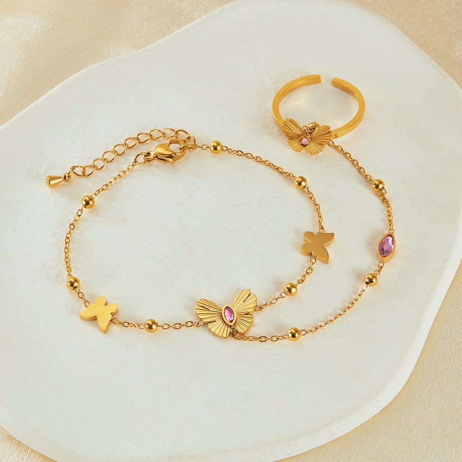 1 Piece Exquisite Series Daily Butterfly Stainless Steel Gold Color Women's Chain Bracelets With Ring h5Picture3