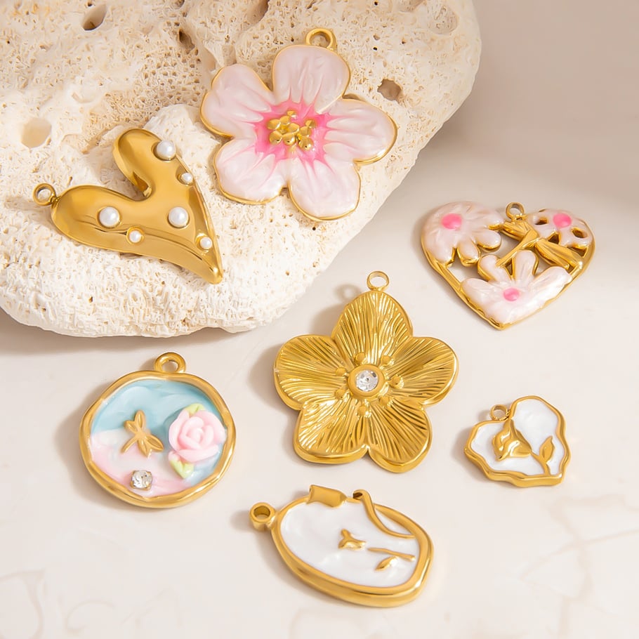 Oil-spot Glazing Flower Stainless Steel Gold Color Women's Pendants Picture3