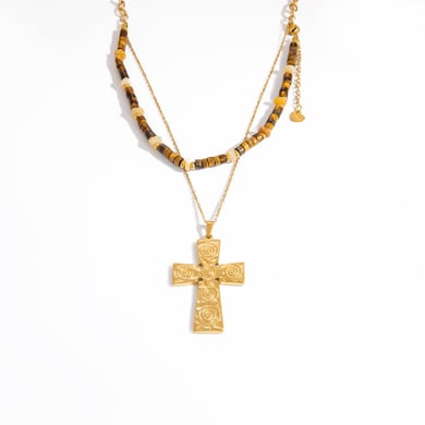 1 Piece Intricate Series Retro Cross Stainless Steel Gold Color Natural Stone Women's Beaded Necklaces h5 Picture8