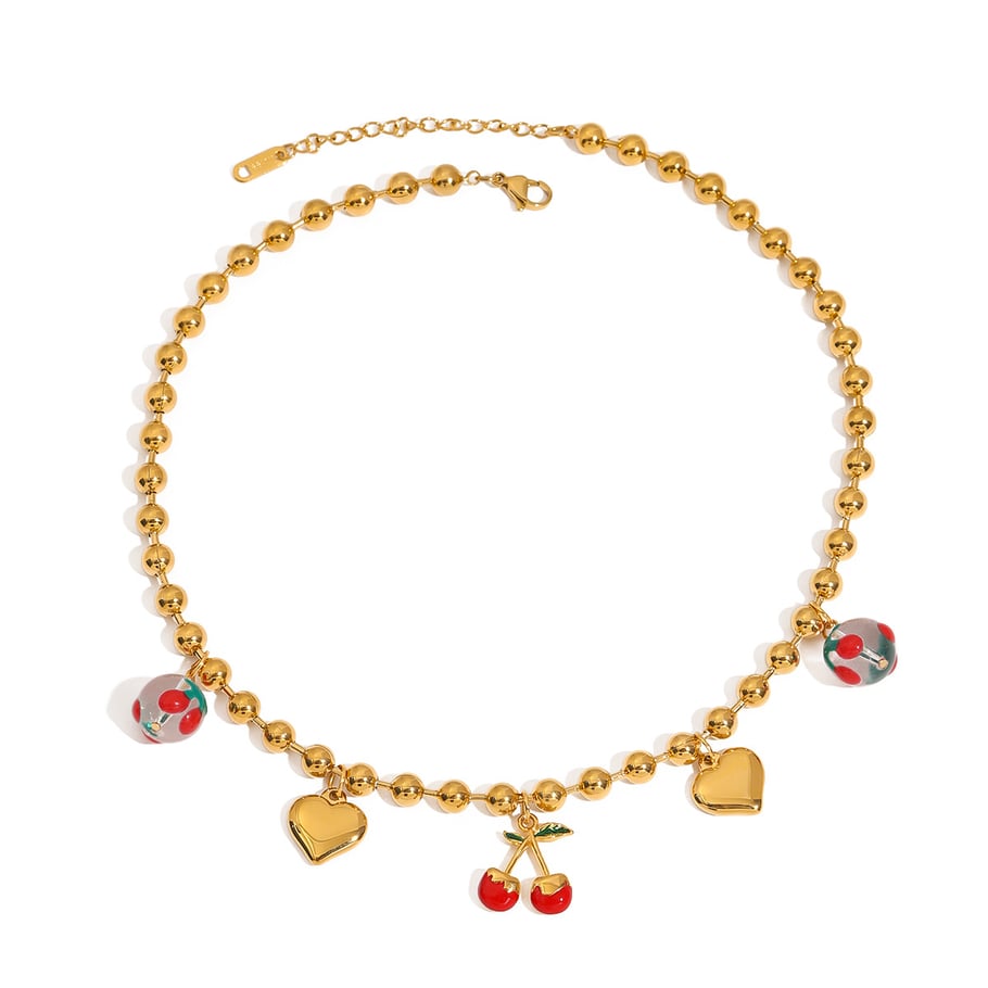 Sweet Cherry Stainless Steel Gold Color Beaded Necklaces Picture4