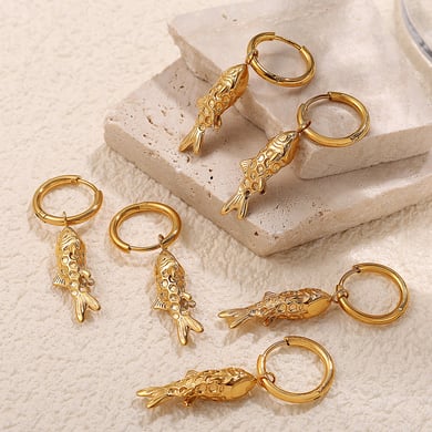 Retro Fish Stainless Steel Gold Color Drop Earrings h5 Picture2