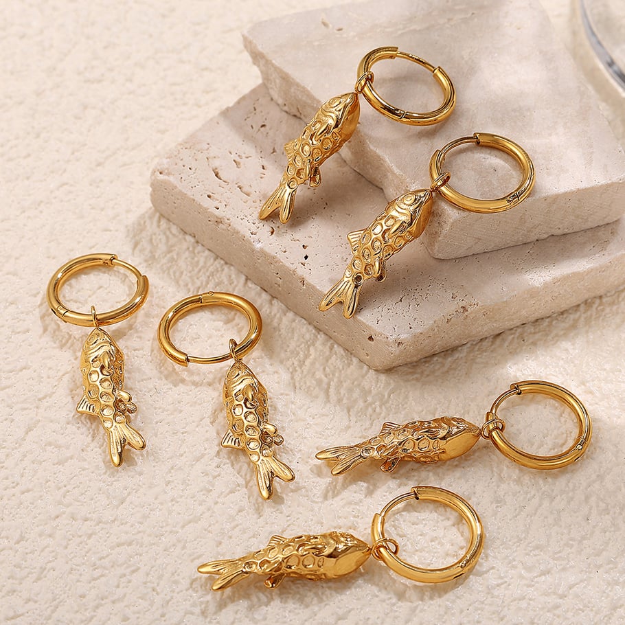 Retro Fish Stainless Steel Gold Color Drop Earrings Picture2