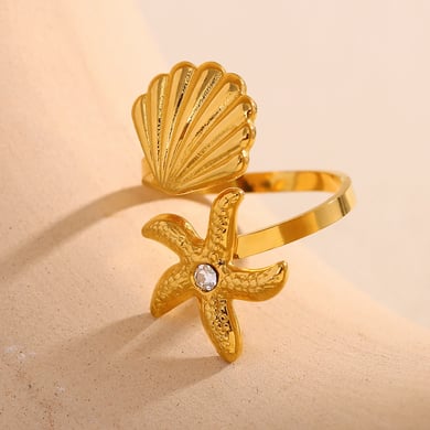 Starfish & Shell Stainless Steel Gold Color Adjustable Rings h5 Picture4