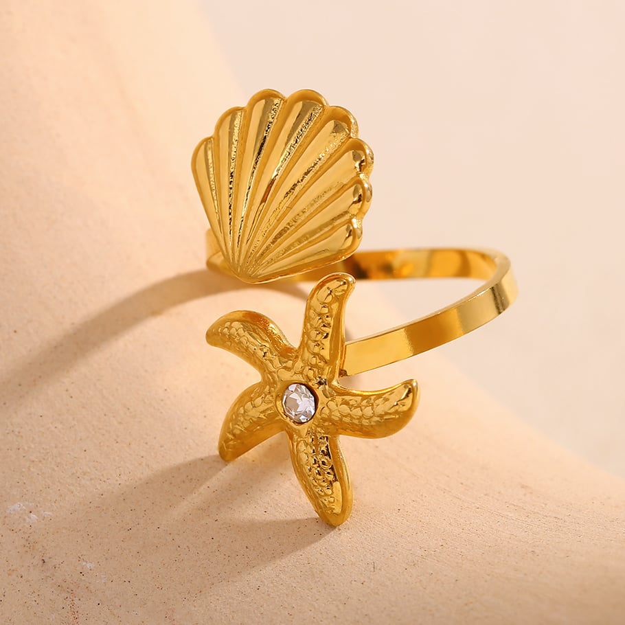 Starfish & Shell Stainless Steel Gold Color Adjustable Rings Picture4