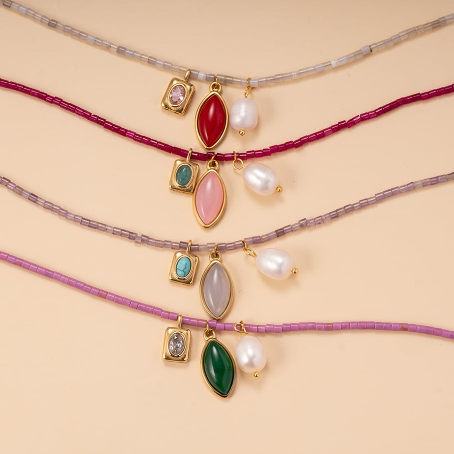 1 Piece Gorgeous Series Sweet Leaf Shape Colorful Natural Stone Stainless Steel Women's Beaded Necklaces Picture4
