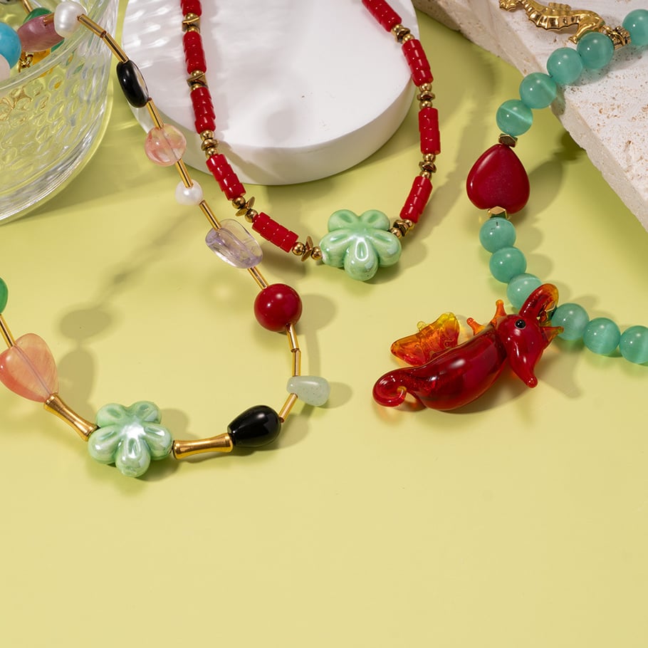 1 Piece Vivid Series Vacation Glass Sea Horse Stainless Steel Gold Color Natural Stone Women's Beaded Necklaces Picture4